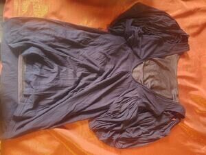 Womens Scoop Neck Ruched Sleeve Top Blue Short Sleeve Sheer Back Panel Stretch